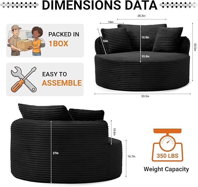 54-inch Oversized Round Chaise Longue Chair Indoor Modern Upholstered Corduroy Deep Seat Circle Chair Single Cloud Lounge Floor Sofa Chair for Living Room Bedroom Apartment Black