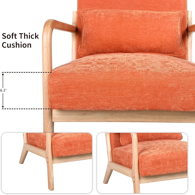 Mid Century Modern Accent ChairComfy Fabric Reading Chair with Retro Solid Wood Frame &amp High Back Upholstered Lounge Arm Side Chair for Living Room Bedroom Balcony (Linen/Orange)