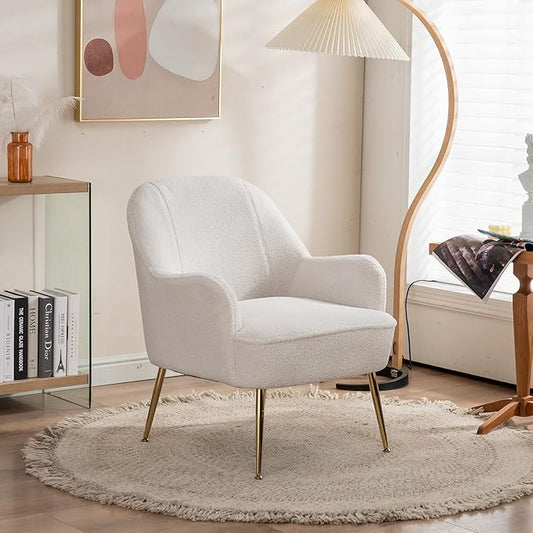 Modern Soft Green Teddy Fabric White Ergonomics Accent Chair Living Room Chair Bedroom Chair Home Chair with Gold Legs and Adjustable Legs Family Room Sofa Armchair Furniture for Indoor Home (White)