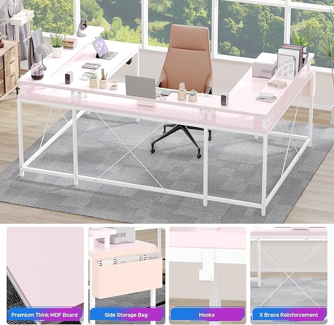 Garvee 79 Inch u Shaped Computer DeskLarge Gaming Desk with Power Outlets &amp LED LightsReversible l Shaped Desk for Home Office Work and GamingPink