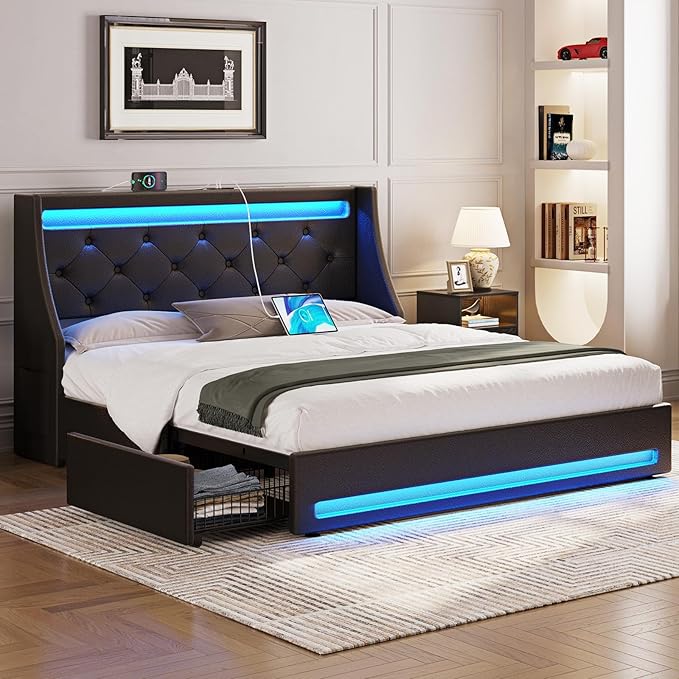 Rolanstar Queen Bed Frame with LED Lights and Charging Station PU Leather Bed with Drawers Wooden Slats Noise Free Easy Assembly Black