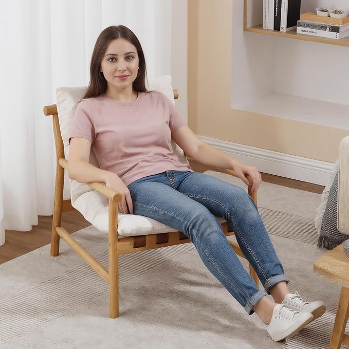 Kmax Modern Sling Accent Chair Mid-Century Linen Living Room Chair Comfy Lounge Chair Solid Wood Frame Chair with Armrest for Reading Room Backyard Beige