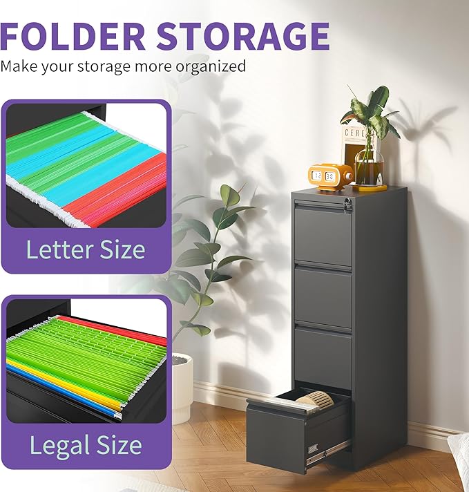 4 Drawer Small File Cabinet with Lock Under Desk Storage Cabinet Organizer Filing Cabinets for Home Office with Locking DrawersBlack