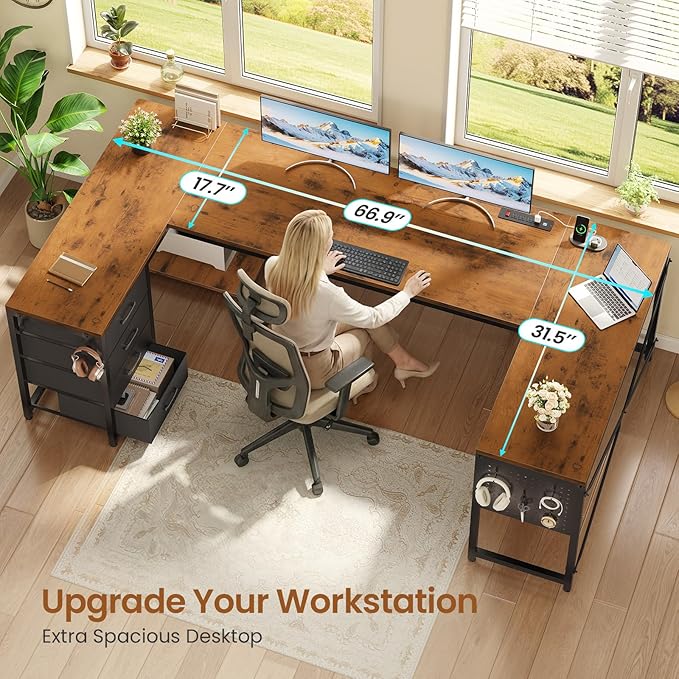 SEDETA 67 U Shaped Desk with 4 Fabric Drawers Reversible Corner Computer Desk with Power Outlet &amp CPU Shelf L Shaped Office Desk with Pegboard for Home Office Rustic Brown