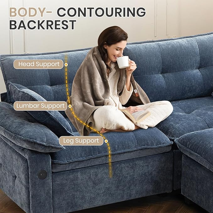89 Modular Sectional Sofa Comfy Cloud Couch with Movable Ottoman Chenille Sectional Deep Seat Sofa with Throw Pillows/USB Ports for Living Room Office and Apartment (Blue)