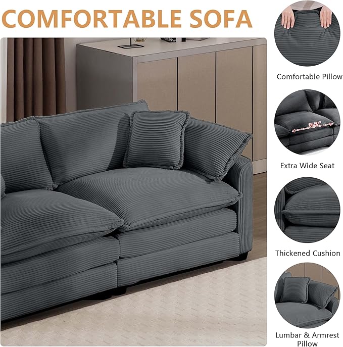 Oversized Modular Sectional Sofa 149.5'' Modern Corduroy Comfy Cloud Couches for Living Room Apartment Deep Seat 4-Seater Sofa with 2 Armrest Pillows and 4 Toss Pillows Grey