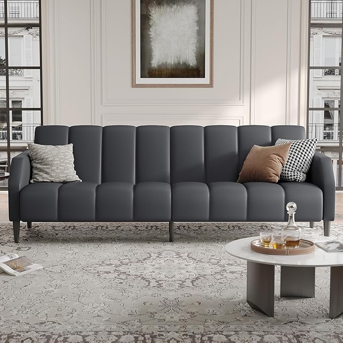 Fadware Faux Leather Couch Convertible Futon Sofa Bed with Adjustable Backrest Mid Century Leather Sofa Loveseat with Side Pockets&amp Metal Leg Modern Leather Sleeper Sofa for Living Room Bedroom