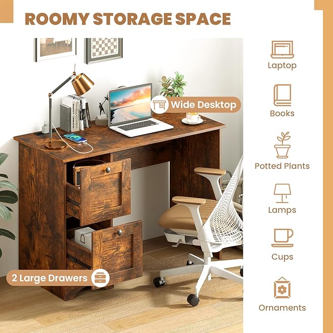 Nightcore 43” Modern Computer Desk Home Office Writing Desk with Power Outlet &amp 2 Storage Drawers PC Laptop Working Desk Workstation for Study Bedroom Living Room (Rustic Brown)