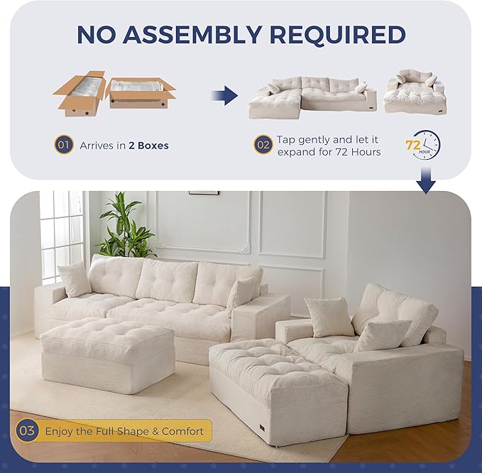 MAXYOYO Sectional Sofa Couch and Chaise Lounge L Shaped Modern Cloud Couch with Ottoman Comfy Sofa with Layered Cushion Tufted Upholstered Sleeper Chair for Living Room No Assembly Required Beige