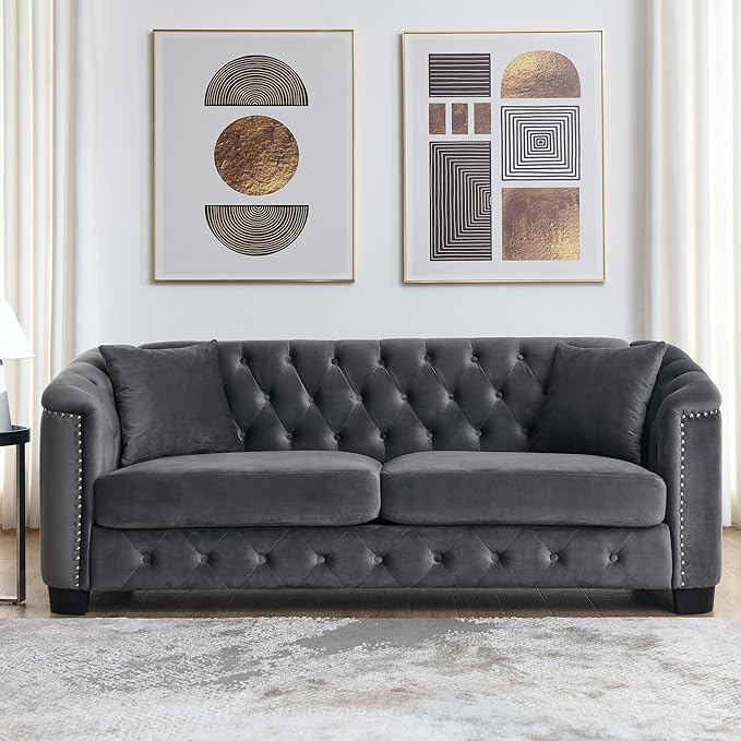 mikibama Modern Chesterfield Velvet Sofa 77 Inch Sectional Sofa Luxury 3 Seater Upholstered Tufted Couch with Nailhead Arms and 2 Pillows for Living Room Bedroom Apartment(Grey)