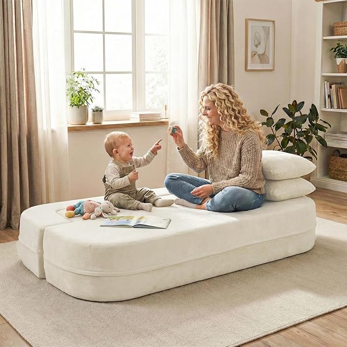 Folding Sofa Bed 78.7 Extra-Long Convertible Sofa Bed with 2 Pillows &amp Blanket 14.6 Thick High-Density Foam Boneless Couch for Bedroom Living Room Apartment Beige