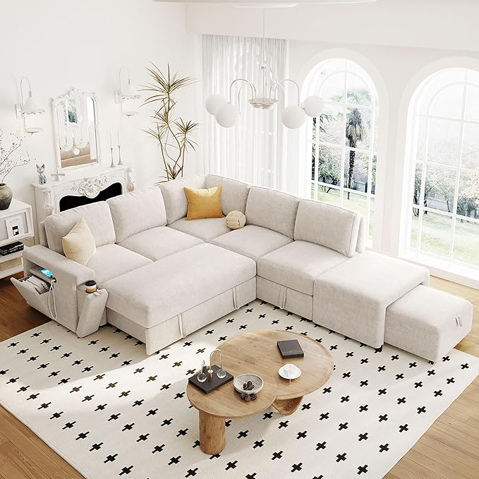 Convertible Sleeper Sectional Sofa with Pull-Out Bed and Storage Space &amp Ottoman Armrest w/USB Ports &amp Cup Holders Corner 6 Person L-Shape Modular Couch for Living Room Apartment (Beige)