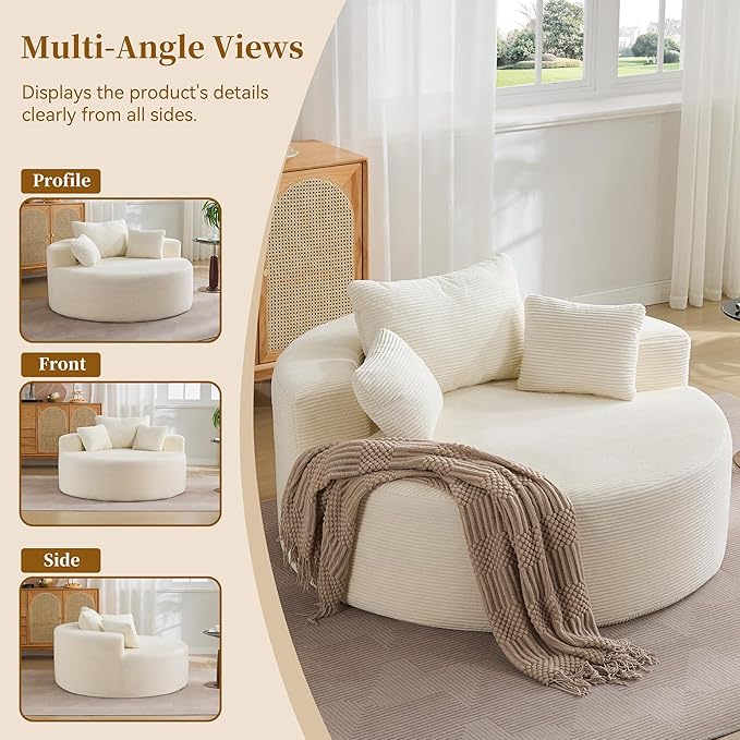 55''Oversized Round Boneless Chaise Lounge ChairCorduroy Modern Floor Sofa Deep Seat Compressed Circle Comfy Barrel Chair No Assembly Sleeper Cloud Sofa Couch Bed for Living Room BedroomBeige