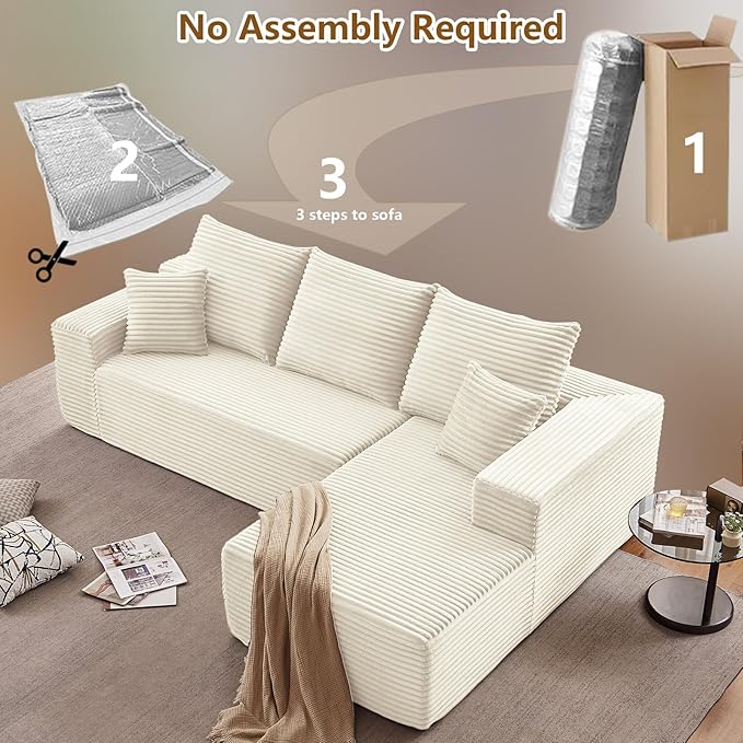 107 Cloud Sectional Couch with L-Shape Chaise Modern Modular Comfy Sofa Chaise Longue Upholstered Corduroy Couches Sleeper with Deep Seat for Living Room Bedroom No Assembly Required White