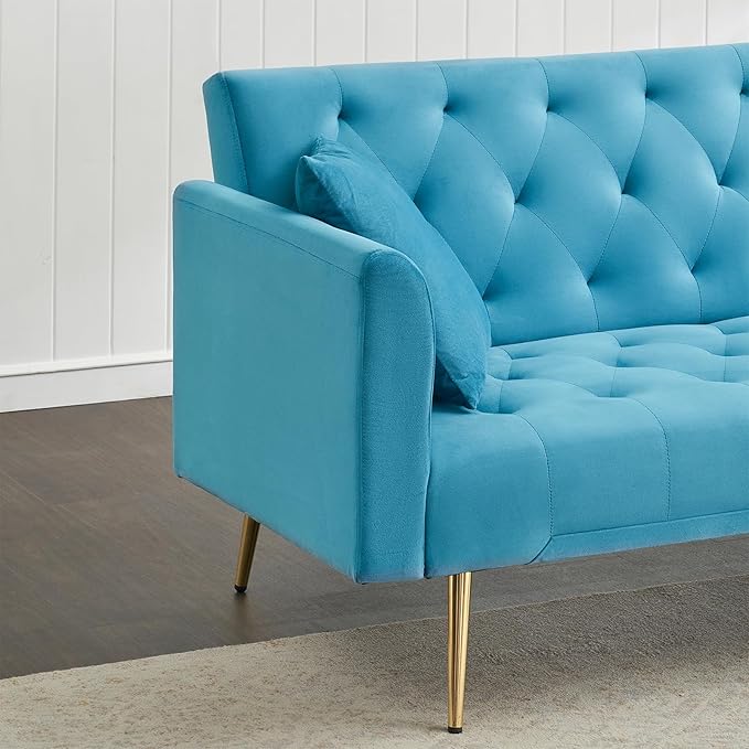 KINFFICT Velvet Futon Sofa Bed with 2 Pillows Convertible Sleeper Sofa Couch with 3 Angle Adjustable Backrest Modern Loveseat with 4 Golden Metal Legs for Living Room and Bedroom