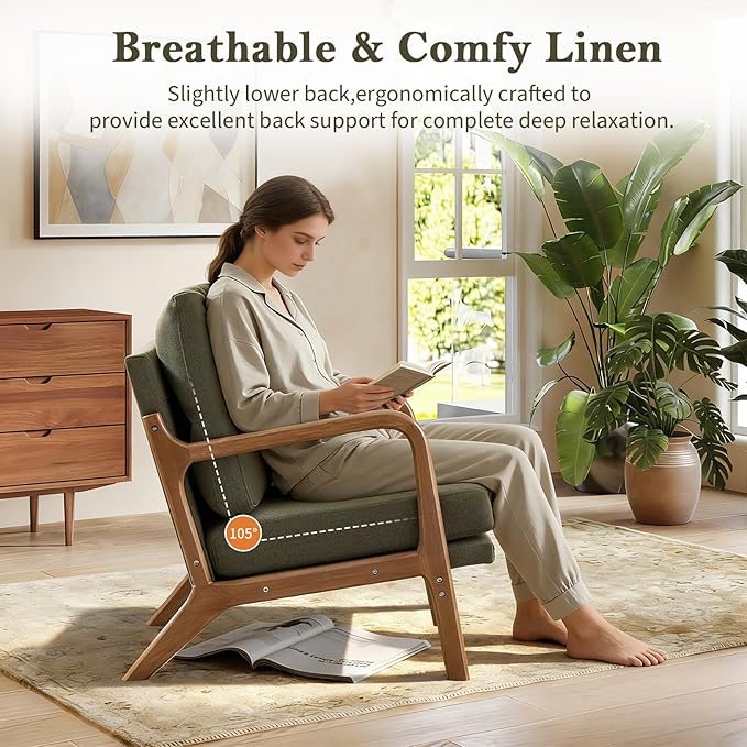 Mid Century Accent Chair Modern Living Room Chairs with Solid Wood Frame Reading Relaxing Armchair for Adults Lounge Chair for Living Room Bedroom Waiting Room-Green