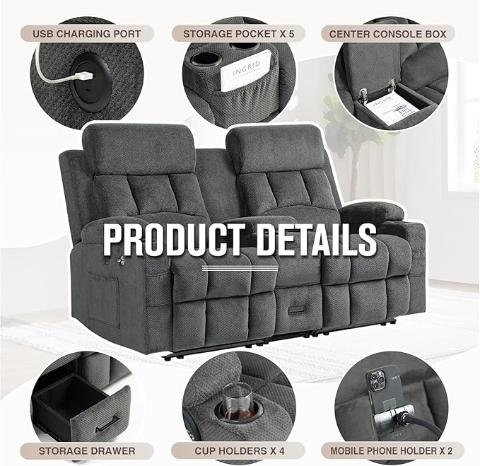 Oversized 72 Loveseat Recliner Sofa with Console Manual Double Reclining Sofa with USB Ports Cup Holders &amp 2 Phone Holders for Living Room Home Theater Game Room (Gray Velvet)