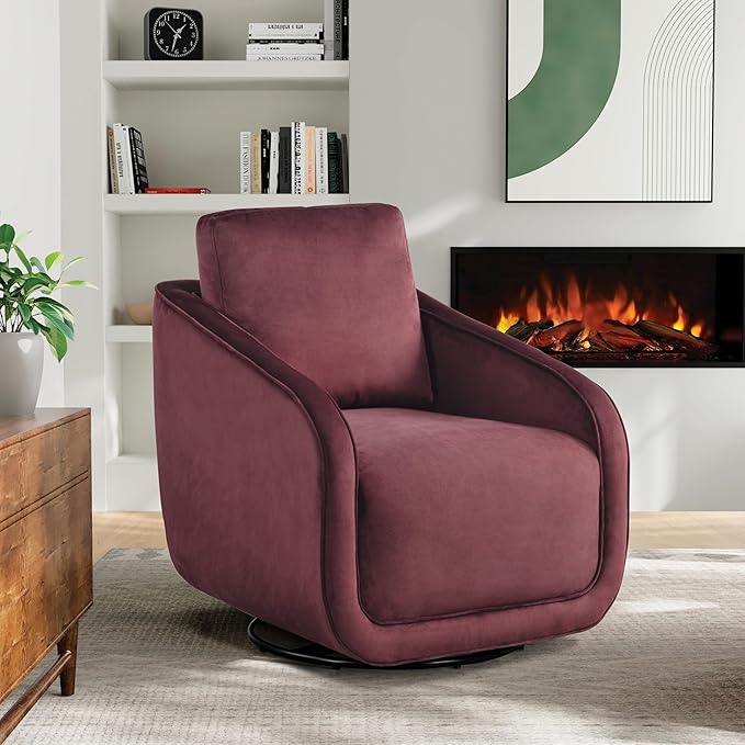 Studio Living® Lydia 35.3 Swivel Accent Chair Modern Boho Fully Assembled Pocket Coil Comfort Round Swivel Base Leg Soft Velvet Fabric Plum