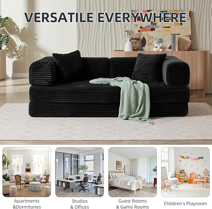 4-in-1 Convertible Folding Sleeper Sofa Bed Plush Corduroy Foldable Mattress Couch with Fixed-Shape Frame Floor Compressed Sofa for Living Room Bedroom (Black)