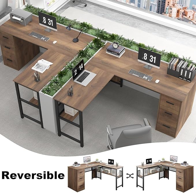 LVB Wood L Shaped Desk Large Computer Office Desk with File Cabinets Reversible Executive L Shape Gaming Desk with Drawers Metal Wooden Corner Desk Table with with Storage Shelf Rustic Oak 59 Inch