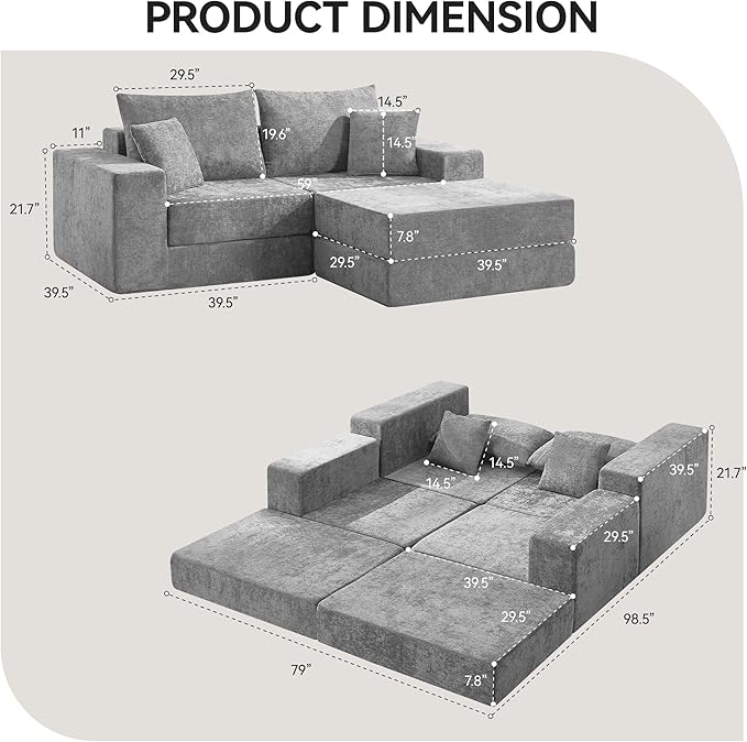 Boneless Sectional Loveseat Couch with Ottoman Convertible Modular Floor Sleeper Sofa Bed Comfy Foldable Compression Love Seat Sofa for Living Room No Assembly Light Grey