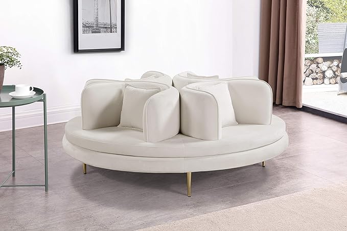 Meridian Furniture 627Cream Circlet Collection Modern | Contemporary Velvet Upholstered Roundabout Sofa with Sturdy Gold Iron Legs Cream 72 W x 72 D x 29 H