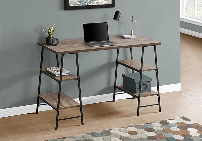 Computer Desk Home Office Laptop Storage Shelves 48 l Work Brown Laminate Black Metal Contemporary Modern