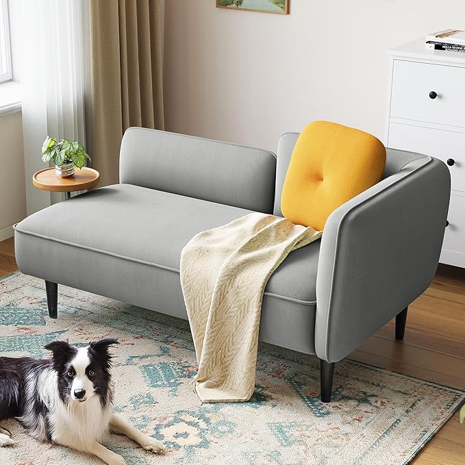 LINSY Small Loveseat Sofa Mid Century Modern Couch 2 Seater Loveseats for Small Spaces 57 Mini Couches for Bedroom Living Room Gray Linen Settee Couch with Removable Table and Pillow (Gray Left)