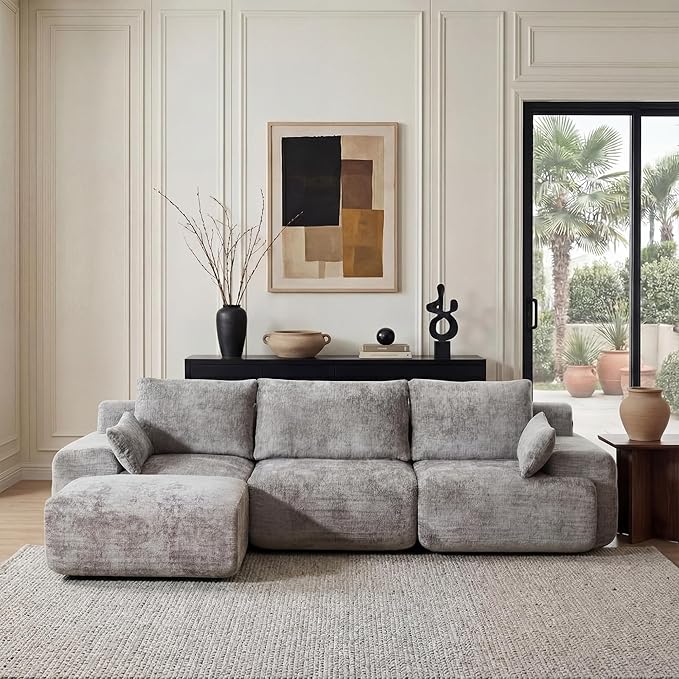 WELAX 114 Sectional Couches for Living Room Boneless Couch L-Shape with Pillows &amp Ottoman Modular Chenille Cloud Sofa 4 Seater Home Comfy Sofas for Apartment Grey