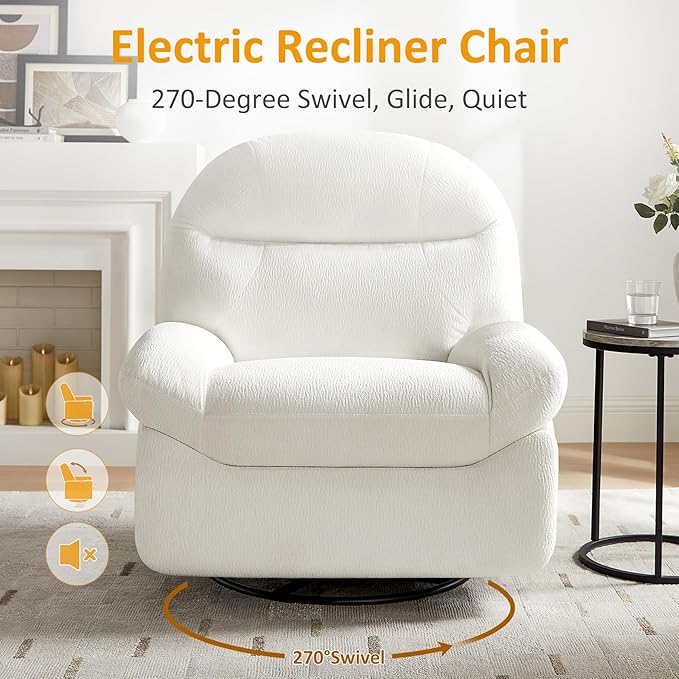VANOMi Power Recliner Chair with USB &amp Type-C Charging 270° Swivel Glider Rocker Electric Nursery Recliner for Living Room Bedroom and Office White