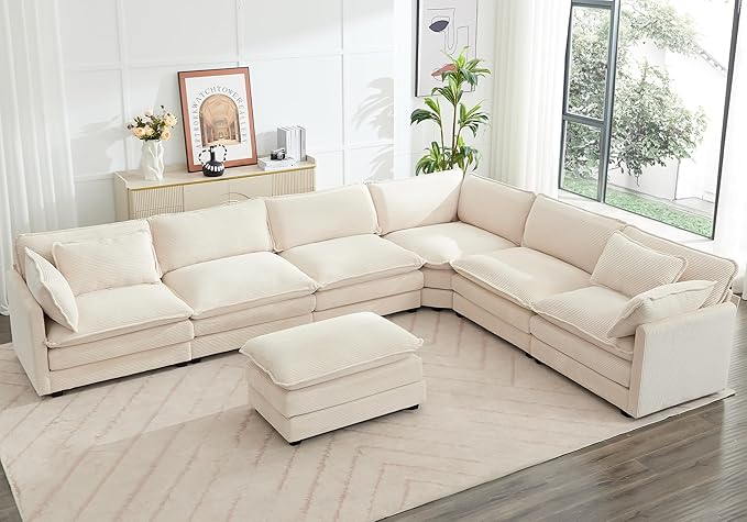 ROWHY 150'' Modular Sectional Cloud Couch 7 Seater Corner Sofa Big Comfy Corduroy V Shaped Couch with 4 Throw Pillows Convertible Chaise Ottoman Couches for Living Room Office Beige