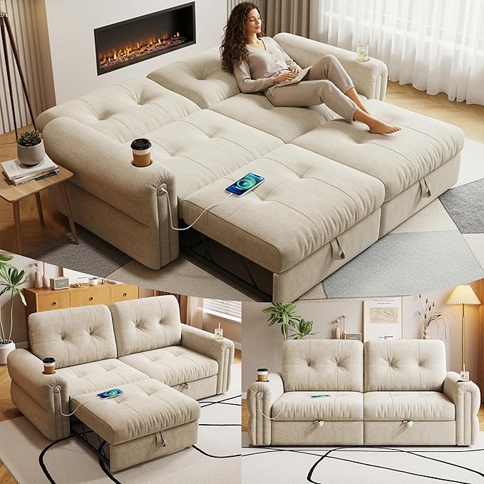 77 Queen Size Sofa Bed Loveseat Sleeper Sofa with Pull Out Bed and USB 2 Seater Convertible Small Couch for Living Room Bedroom Apartment (Beige Chenille)