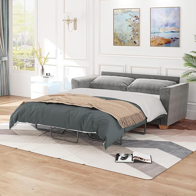 BALUS Full Pull Out Sofa Bed 71 Width 2-in-1 Velvet Loveseat Sleeper Sofa Pullout Couch Bed with Memory Foam Pillows and Mattress for Living Room Furniture Office Apartment Small Space Light Grey