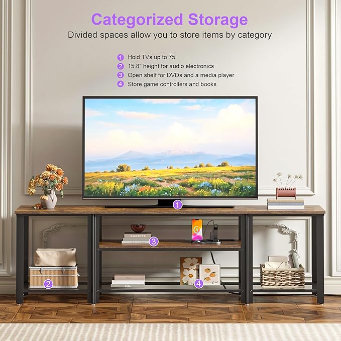 WelFurGeer Industrial Metal TV Stands with RGB LED Lights &amp Built-in Power Outlets - Modern TV Entertainment Center for Living Room Open Grid Design TV Console with Storage (Brown)