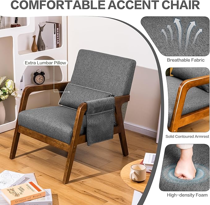 Accent Chairs Set of 2 Mid-Century Modern Chair with Side Pocket Lounge Armchair with Lumbar Pillow &amp Solid Wood Frame for Living Room Balcony Bedroom
