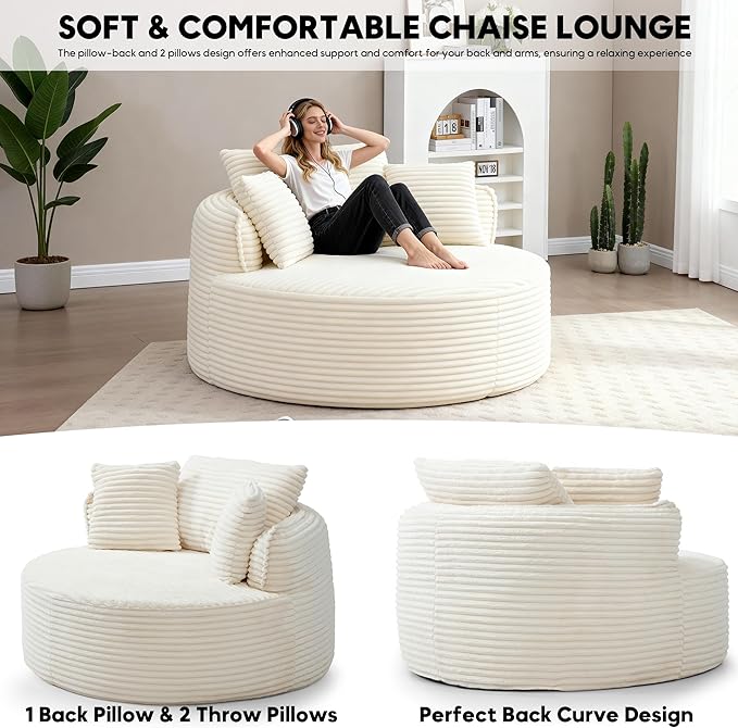 Oversized Round Chair Lounge Chaise Indoor 53.5 Corduroy Boneless Round Chair Fluffy Single Deep Seat Cloud Sofa Chairs Modern Circle Chaise Lounge for Bedroom Living Room Beige White