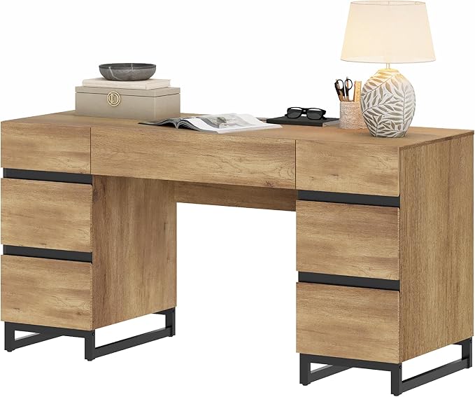 WAMPAT 59 Inch Modern Home Office Desk with Charging Station Wood Computer Writing Desk with 7 Deep Drawers Oak Executive Desk Study Table for Living Room Home Office
