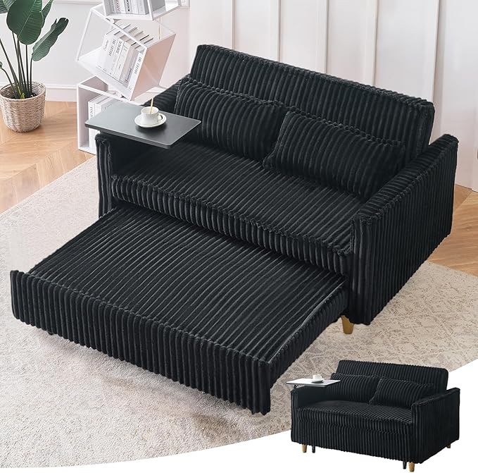 3 in 1 Pull Out CouchCorduroy Upholstered Convertible Sleeper Sofa Bed with Movable Side Table Modern Multifunctional Sofa with USB Port Cushioned Couch for Living Room (Black)