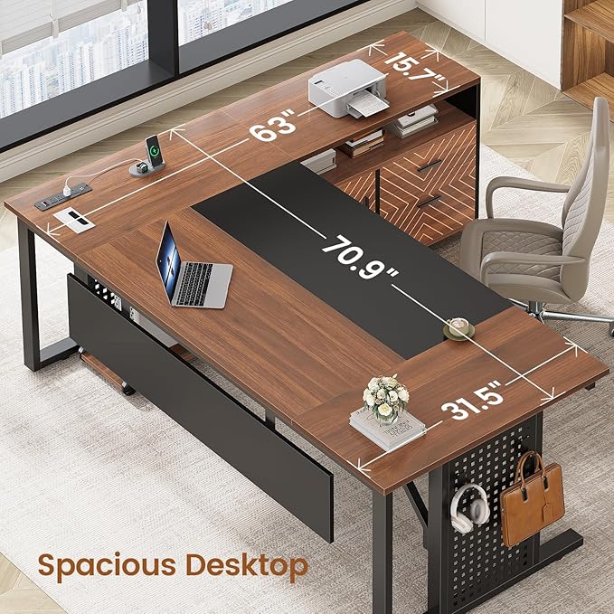 SEDETA 71 Executive Desk with Rolling File Cabinet Large Office Desk with Drawers L Shaped Computer Desk with Power Outlets CPU Stand Pegboard and Storage Shelves Brown