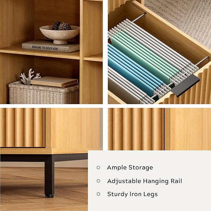 60 L Shaped Fluted Desk Computer Desk with Movable Storage Cabinet Home Office Desk with 3 Drawers Metal Legs Corner Desk for Gaming Study Natural Oak