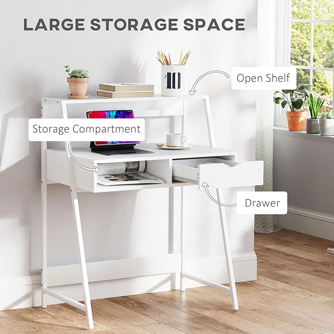 HOMCOM Home Office Desk Computer Desk with A Frame for Small Spaces Writing Table with Drawer and Storage Shelves White