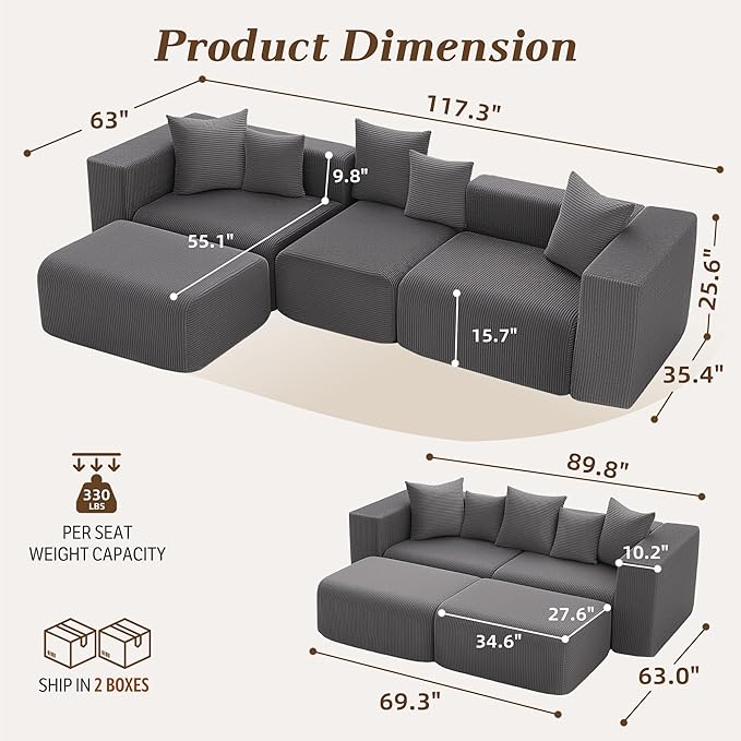 117” Boneless Cloud CouchSectional Modern 4 Seater L-Shaped Sleeper Sofa CouchesNo Assembly Modular Corduroy Convertible Sponge Compression Sofas with Chaise and Ottoman for Living Room(Grey)