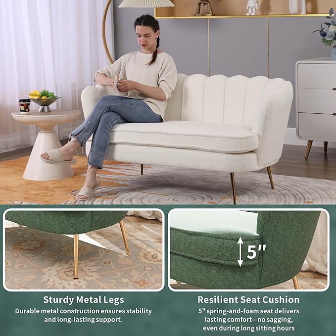 59'' Loveseat Sofa Modern Chenille 2-Seater Sofa with Golden Legs Comfy Upholstered Shell Accent Couch for Studio Living Room Store Office (Green).