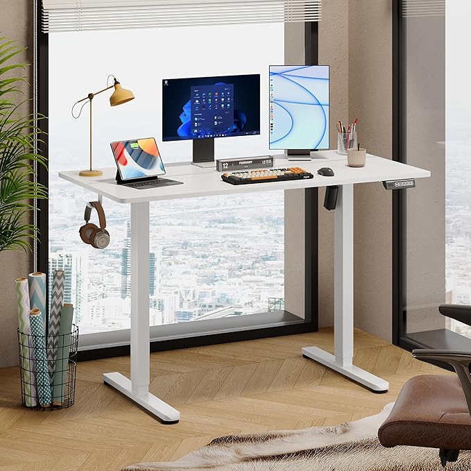 DEVAISE 48 Inch Electric Standing Desk 3 Adjustable Height Stand up Desk for Home Office Ergonomic Sit to Stand Desk with LED TouchscreenHeadphone Hook 3 Memory Preset Computer Desk (White)