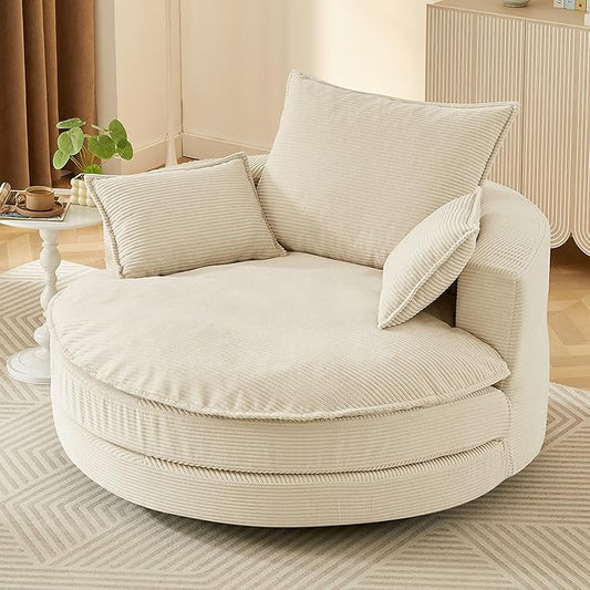 Merax 360° Swivel Sofa Chair 57.5 Swivel Accent Barrel Chair with Dual-Layer Cushion Design Modern Corduroy Leisure Sofa Round Chaise Lounge with 3 Removable Pillows for Living Room Bedroom