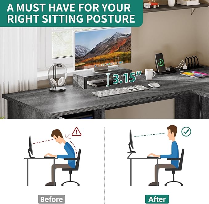 YITAHOME L Shaped Desk with Power Outlets 60 Inch Computer Desk Corner Desk with File Drawer Home Office Desk with Monitor Stand &amp Storage Shelves L-Shaped Desk with File Cabinet Grey