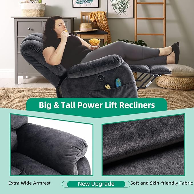 VIVIJASON Large Power Lift Chair Electric Recliner Chair with Heat &amp Massage for Elderly Big People Overstuffed Wide Electric Recliner with 2 Remote Controls Side Pockets &amp USB Ports Dark G