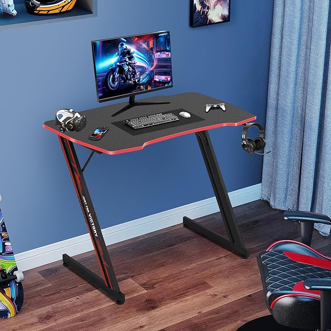Gaming Desk 35 Inch Z-Shaped Gaming Computer Desk Modern Ergonomic PC Computer Table Home Office Desk Racing Style Gaming Workstation with Headphone Hook Red