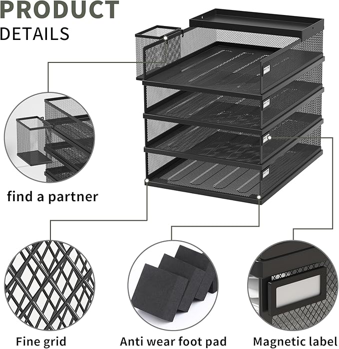 Stackable Letter Trays 4 Tier Metal Paper Tray &amp Desk Organizer Stackable File Trays for Office &amp Home Multi-Functional Document Tray with Fine Grid Design &amp Magnetic LabelsBlack