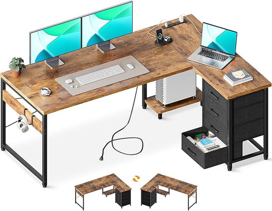 AODK L Shaped Gaming Desk with 4 Drawers 61 Reversible Home Office Desks with Power Outlets L Shaped Computer Desk with USB Charging Port and Host Stand Corner Desk Easy to Assemble Vintage